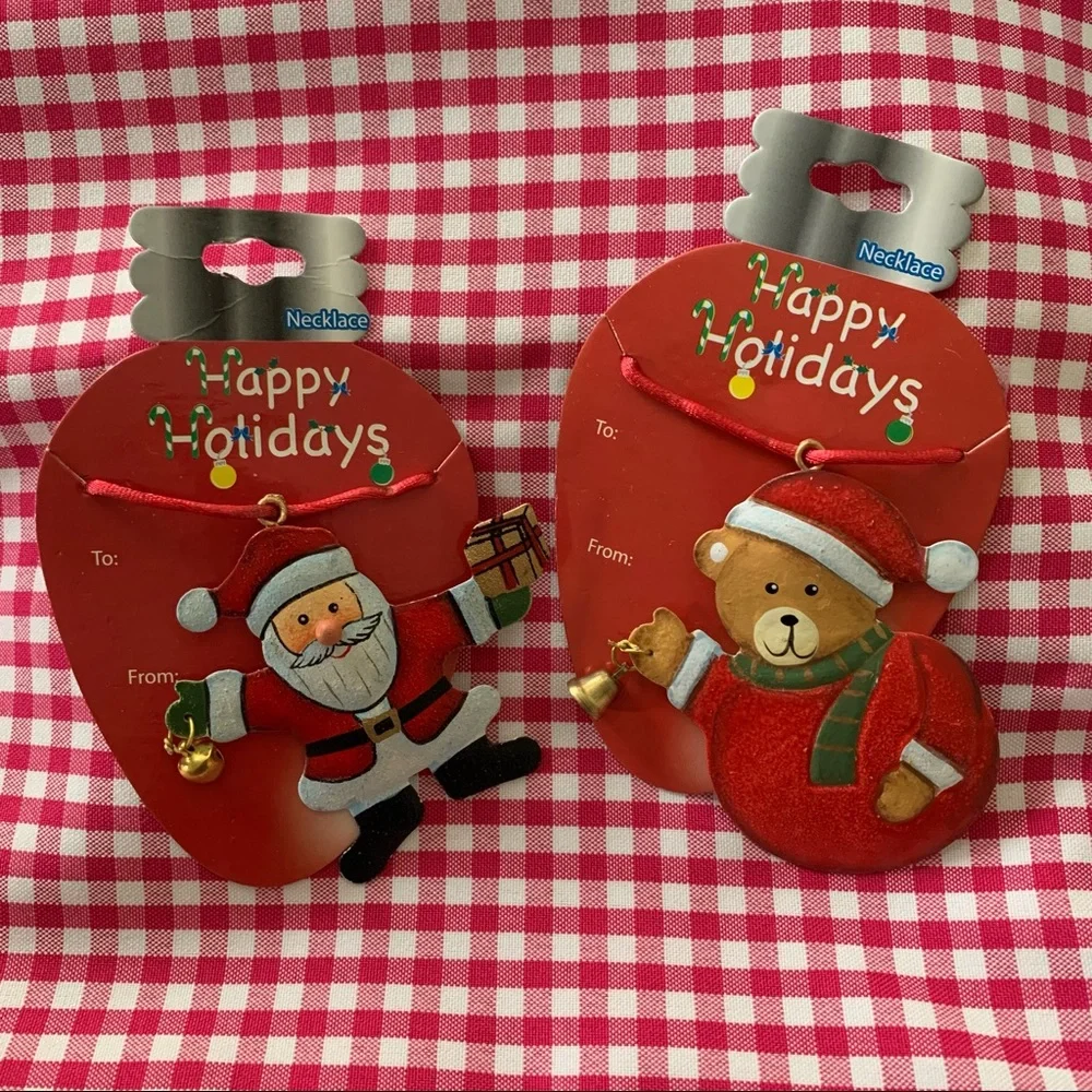 Lot of 2 HAPPY HOLIDAYS Vintage 2004 Santa Claus & Bear w/ Bells Necklaces NEW